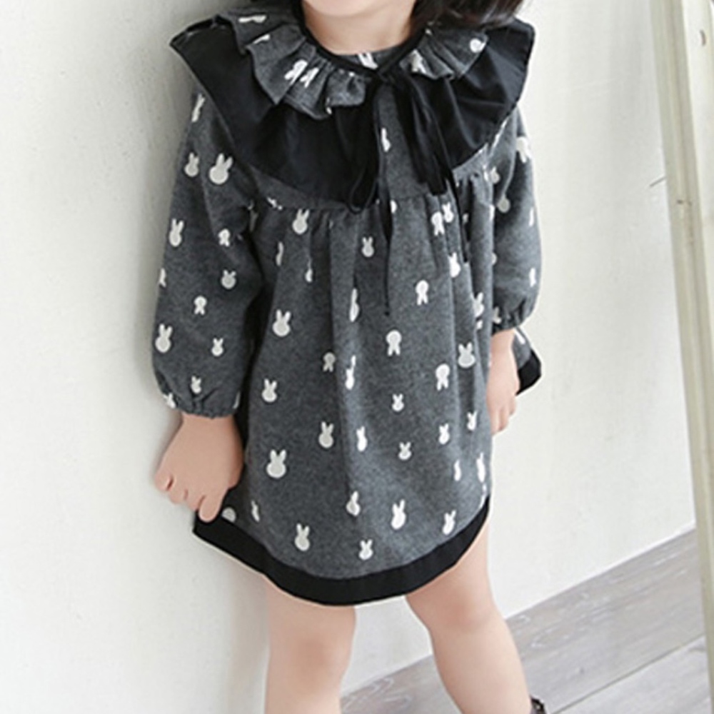 Toddler Girls Bunny Pattern Long Sleeve Gray Dress